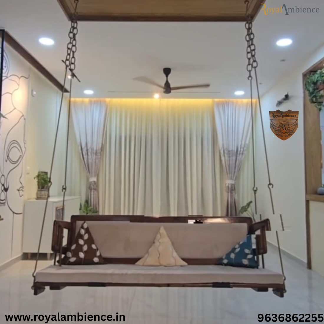 Wooden Swing / Jhula for Living Room, Zula with Brass Coated Chain - UVA
