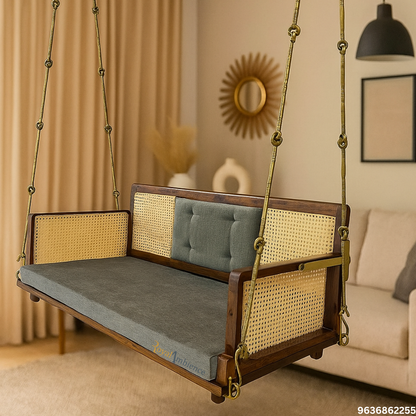 Solid Wooden Swing with Chain Set Reversible Cane Jhula - Vayu