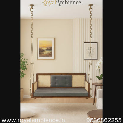 Solid Wooden Swing with Chain Set Reversible Cane Jhula - Vayu