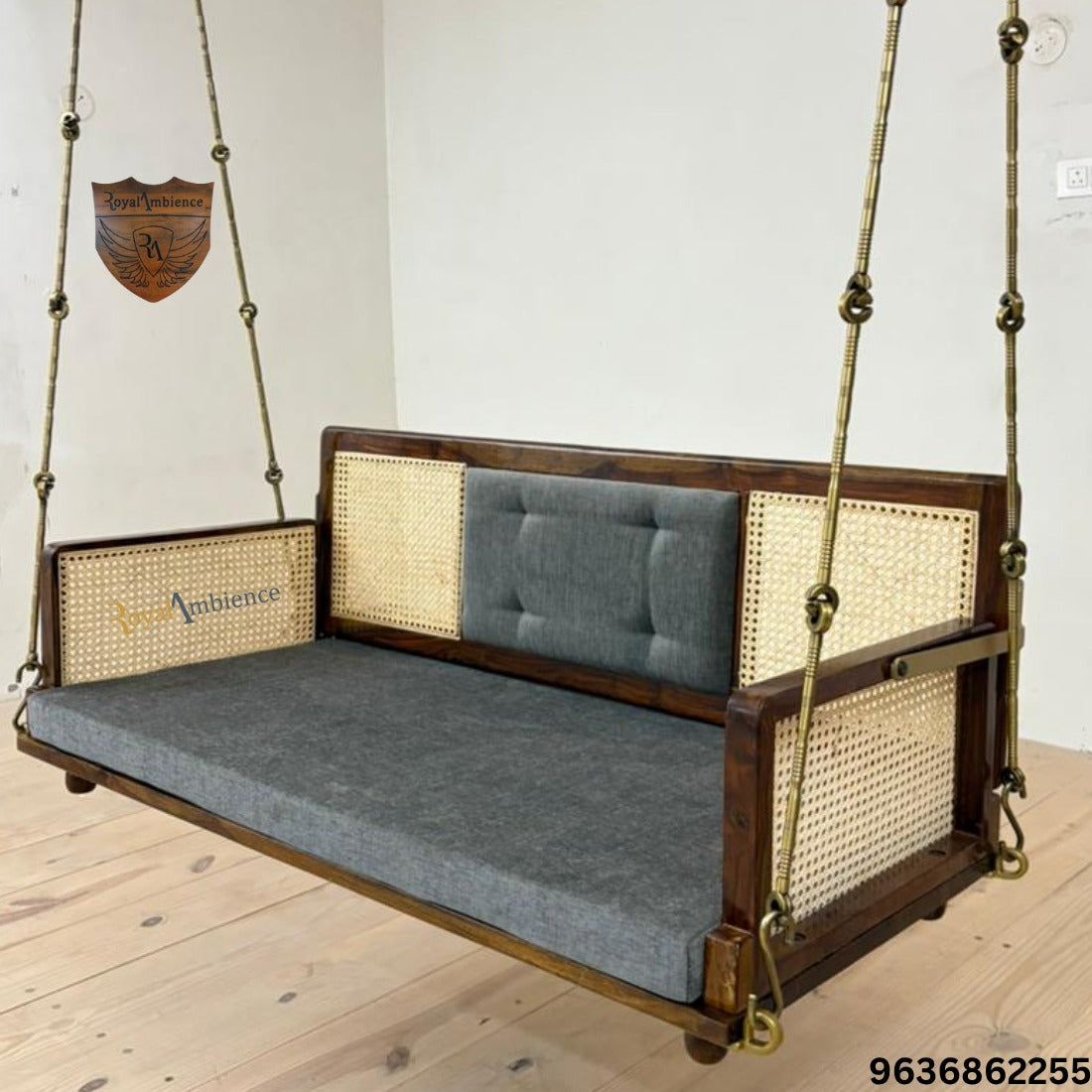 Solid Wooden Swing with Chain Set Reversible Cane Jhula - Vayu