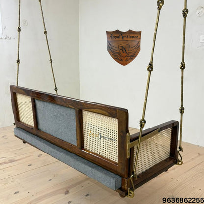 Solid Wooden Swing with Chain Set Reversible Cane Jhula - Vayu