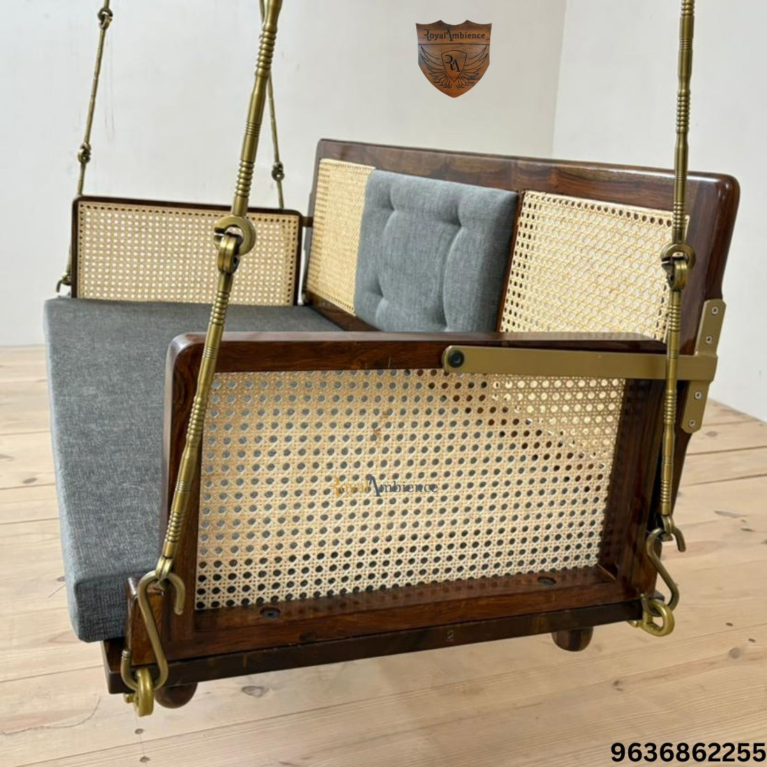 Solid Wooden Swing with Chain Set Reversible Cane Jhula - Vayu